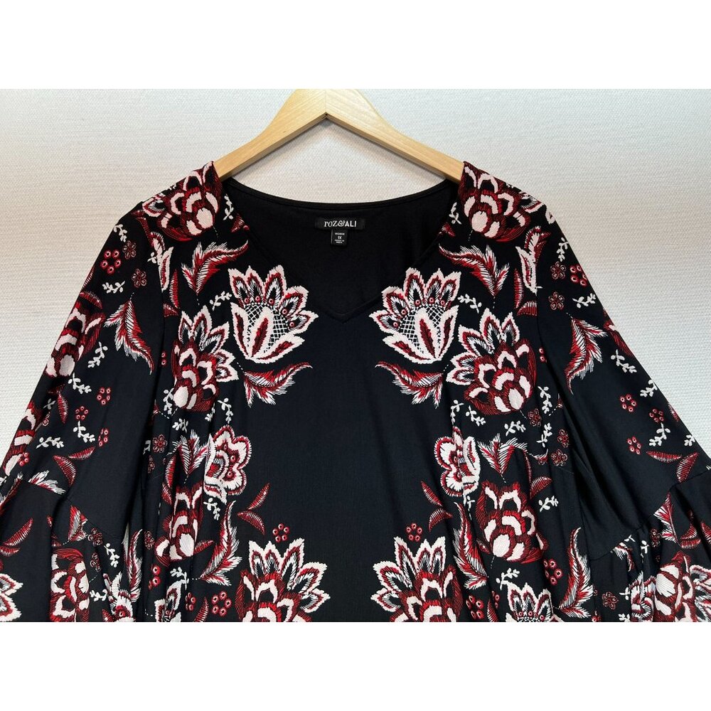 Roz & Ali Womens Floral Shift Dress Size 1X Black Bell Sleeve Dress Pullover Y2K - Picture 4 of 12